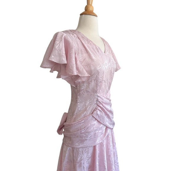 Vintage 80s All That Jazz Powder Pink Party Dress Flutter Sleeves Bow Back - Picture 6 of 16